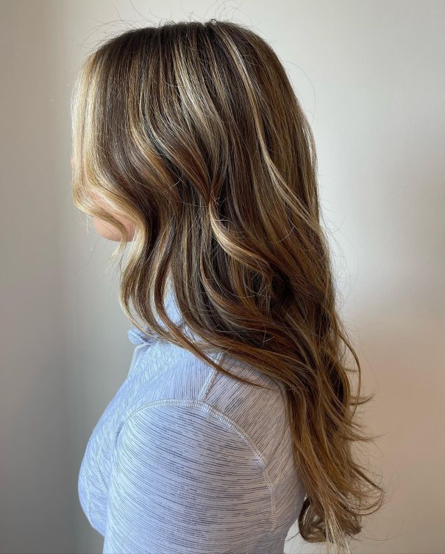 Dimensional brunette highlights and waves